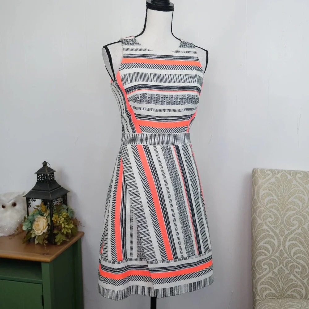 Kate Spade Ribbon Jacquard Dress Size‎ 0 Neon Striped Tweed A-Line Sleeveless